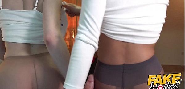  Fake Hostel Flight Attendants in pantyhose surprise young guest